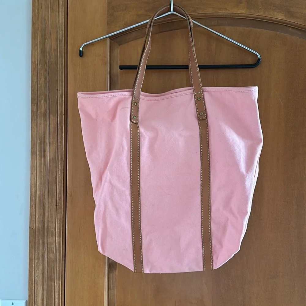 J Crew Peach Pink Gusseted Tote Bag Leather Straps and Inside Outside Pocket